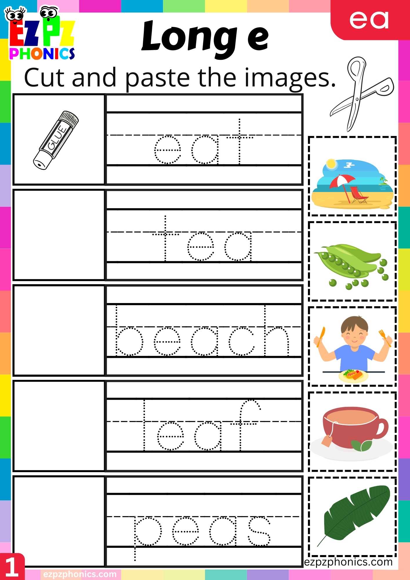 Group1 EA Words Cut And Paste The Images Long E Phonics Worksheet